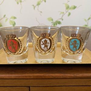 Belguim Lions Crest Coat of Arms Shot Glass Trio Barware & Takahashi Tray Japan